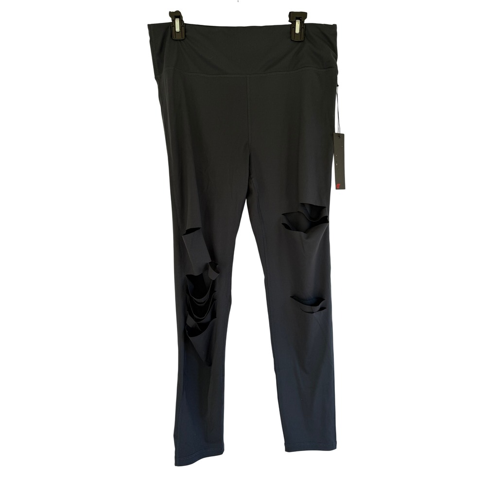 Mono B Womens Plus 1XL Charcoal Grey Shredded Laser Cut High Waist Leggings NEW